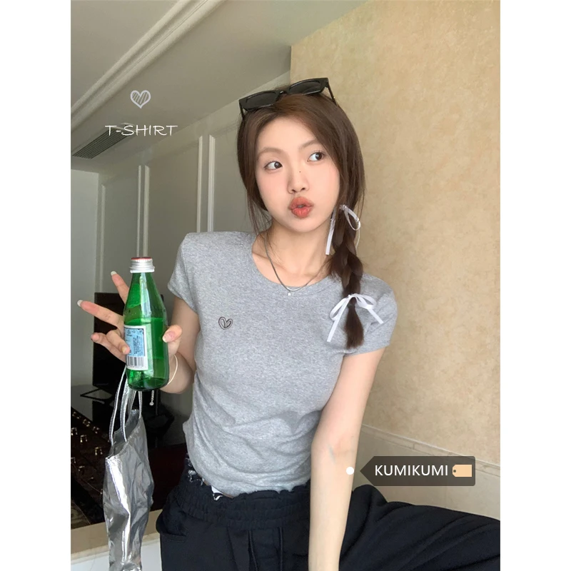 

Love Embroidery Fashion Women Tees Short Sleeves Shirring Tops T-Shirt Clothes