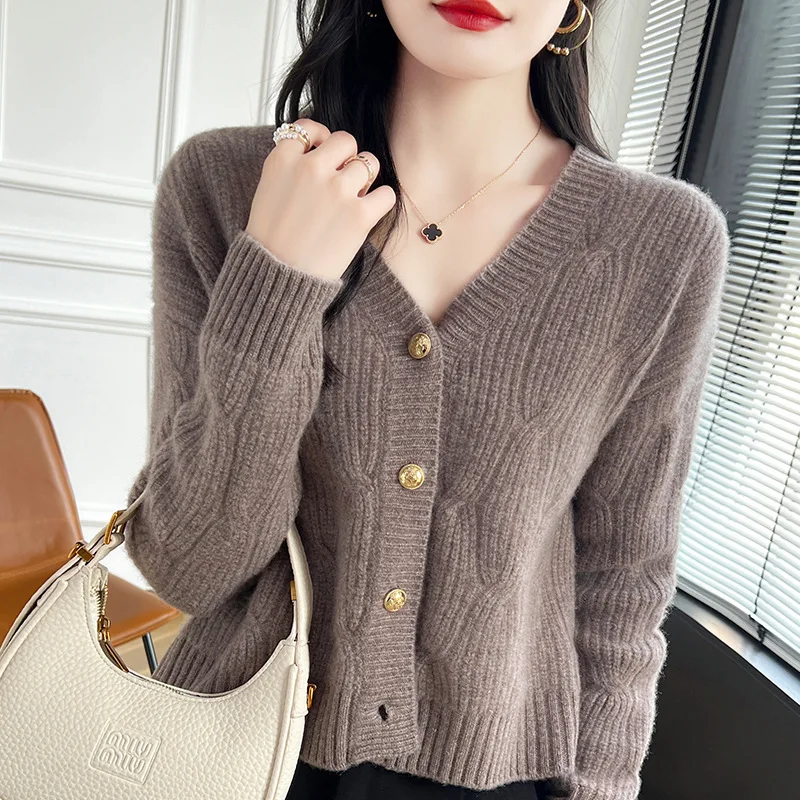 Autumn and Winter Cashmere Knitted Cardigan Women's Solid Color Jacquard Wool Sweater Retro Long Sleeve Coat Top Fash
