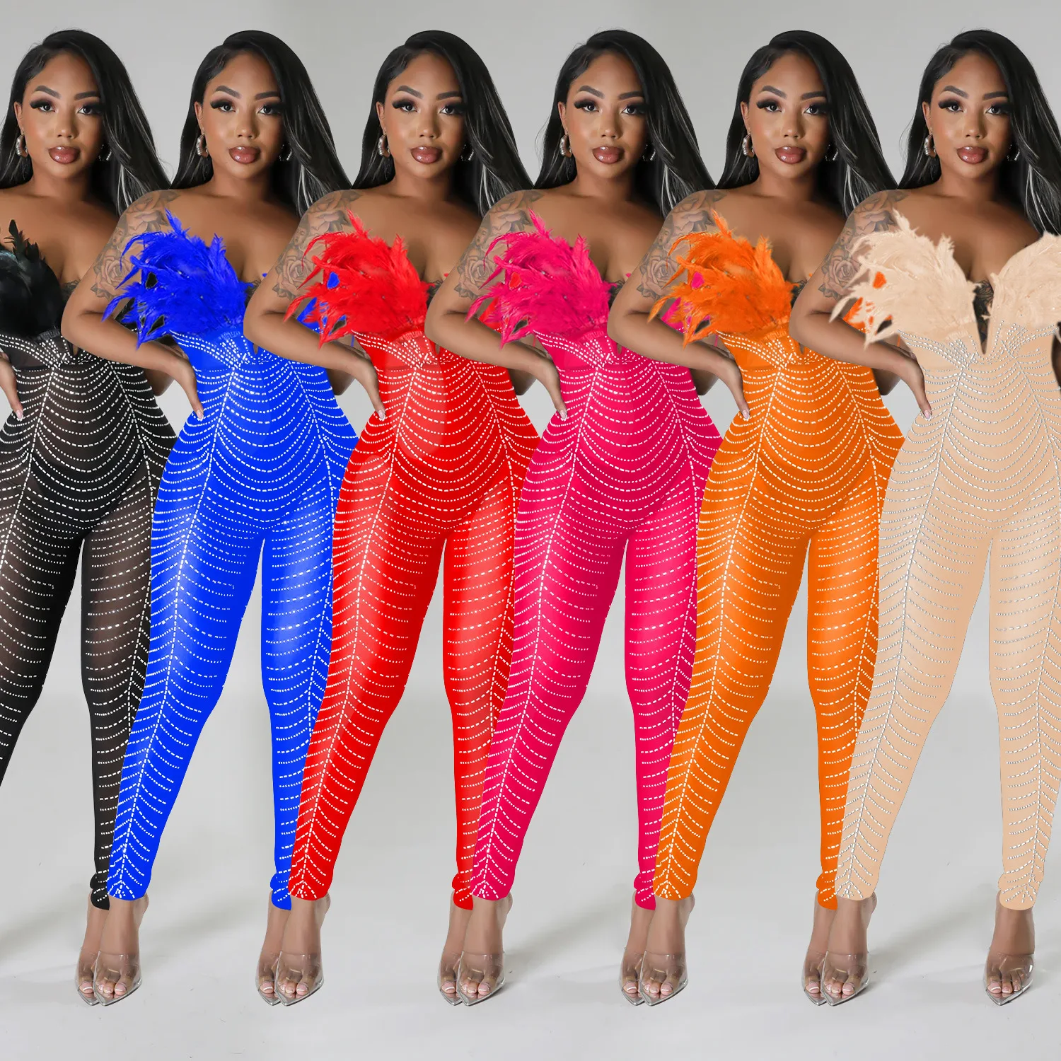 

Sexy Feather Plunging V-neck Strapless Women Mesh See Though Diamonds Jumpsuit 2023 Party Club Romper One Piece Set Playsuit