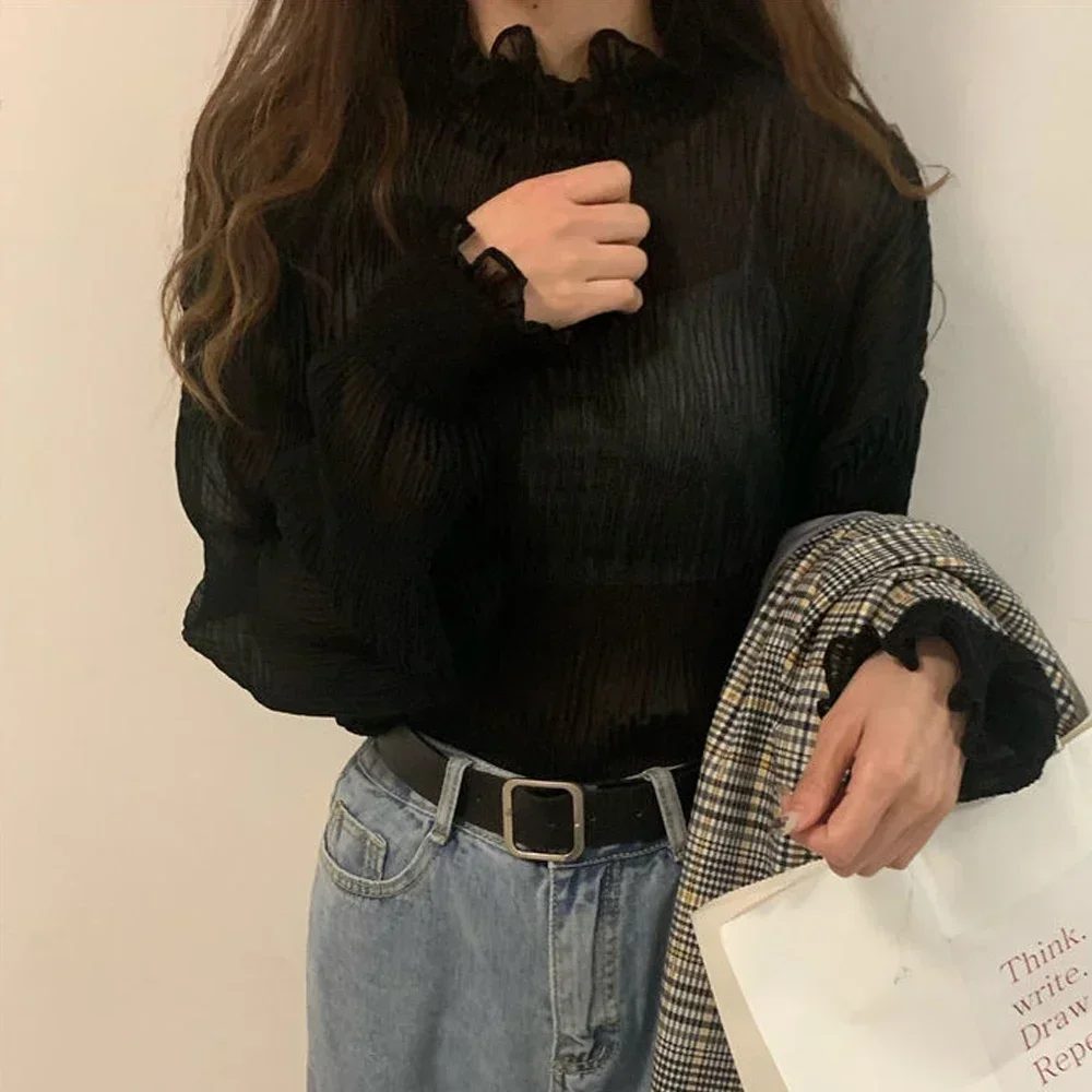 Женская шифоновая футболка с длинным рукавом воротником-лепестком