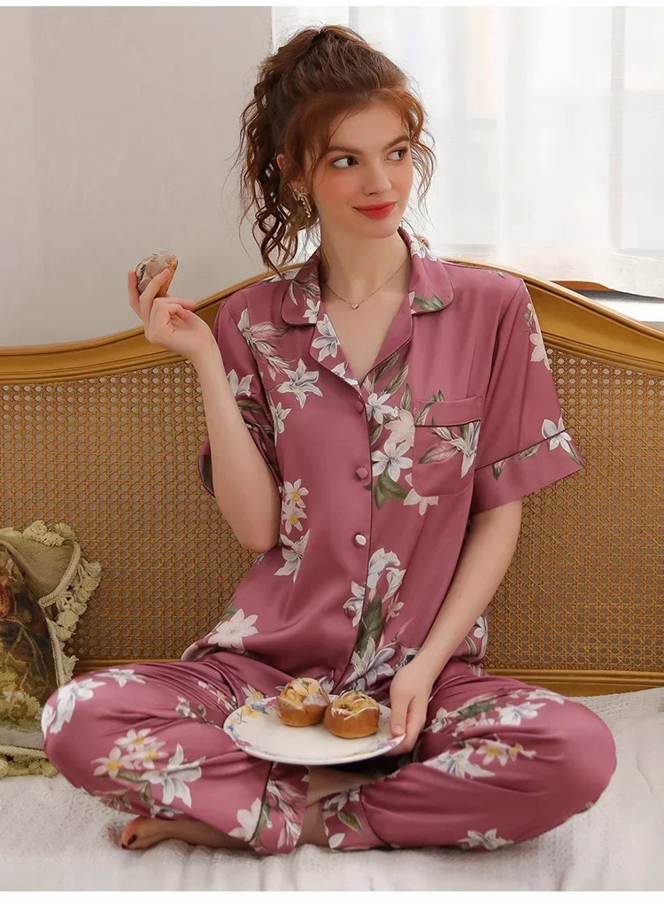Пижама женская из чистого шелка атласная пижама на пуговицах одежда для сна