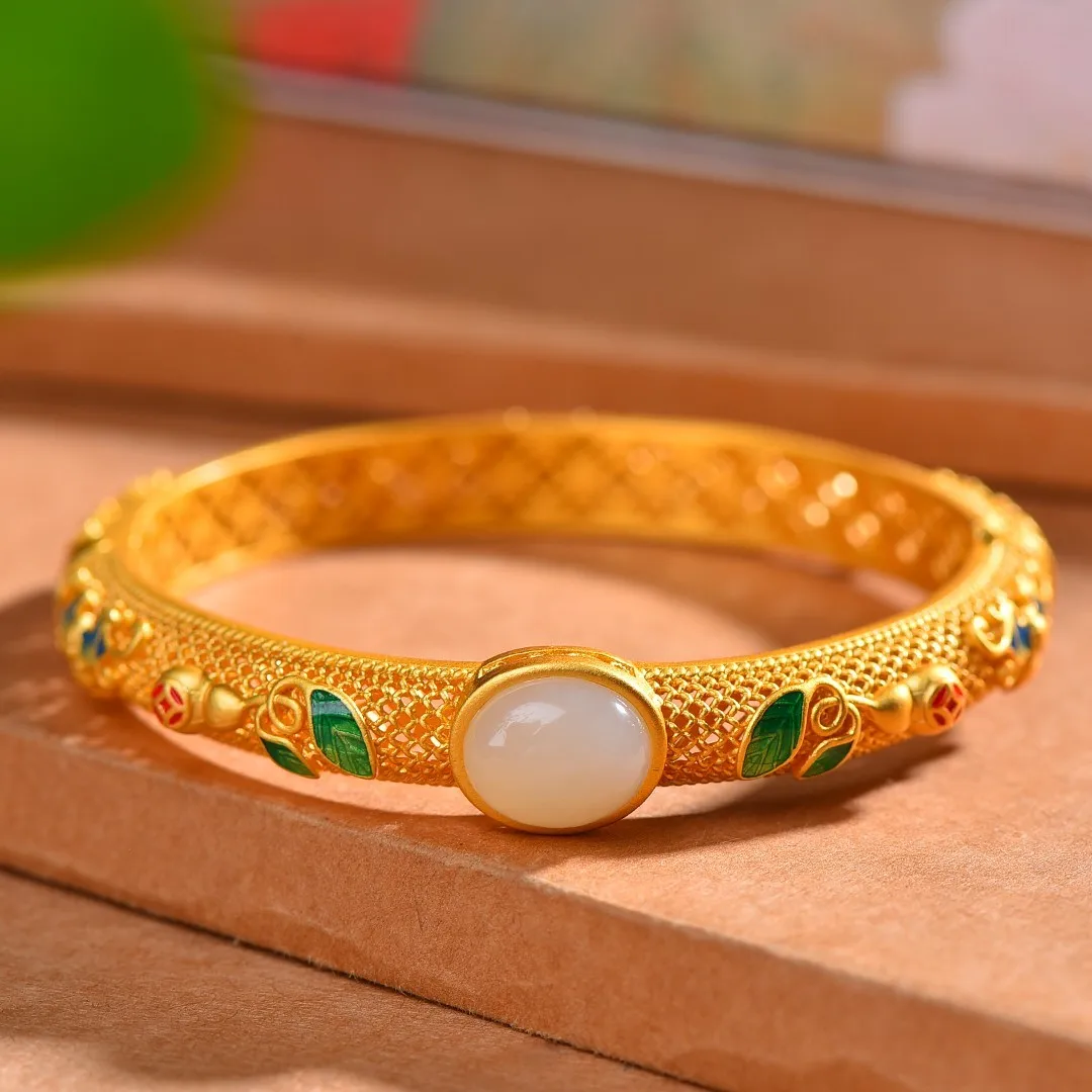 S925 Sterling Silver White Jade Bangle Women Fine Jewelry Genuine Hetian Jades Nephrite Ancient Silver Hollow Lace Enamel Bangle