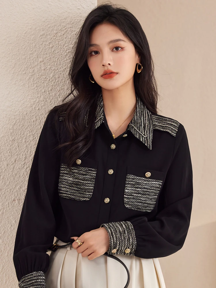 

ZJYT Women Long Sleeve Shirts and Blouses Autumn 2023 Korean Fashion Vintage Blusas Mujer Office Lady Camisas Tops Casual Black