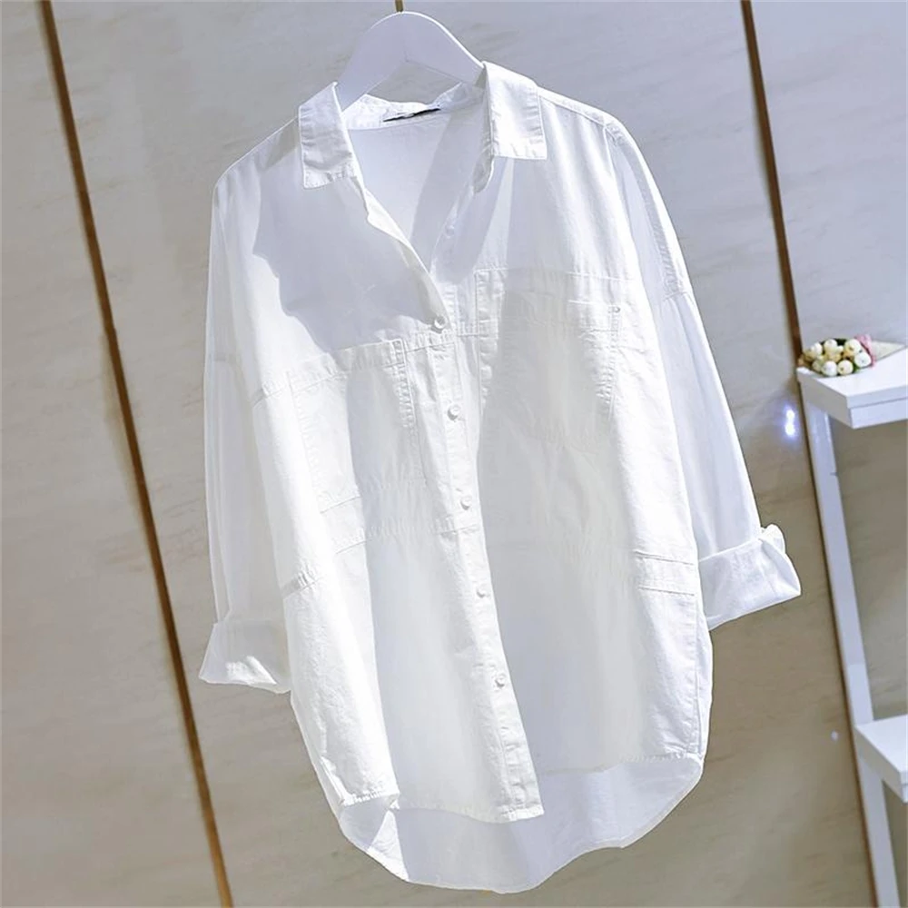 

Oversize Shirts Women 2021 Korean Fashionable Double Pocket Long Sleeve Cotton White Tops Female Boy Friend Style Trend Blouse