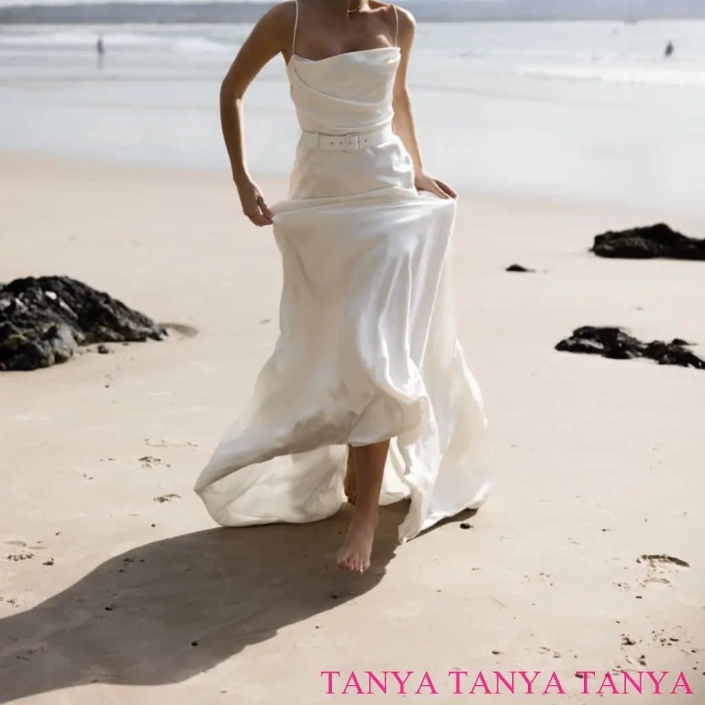 

Elegant Beach Wedding Dresses Square Collar Simple Spaghetti Straps Belt Bridal Gowns Graceful Robe De Mariee Custom Made SWD747