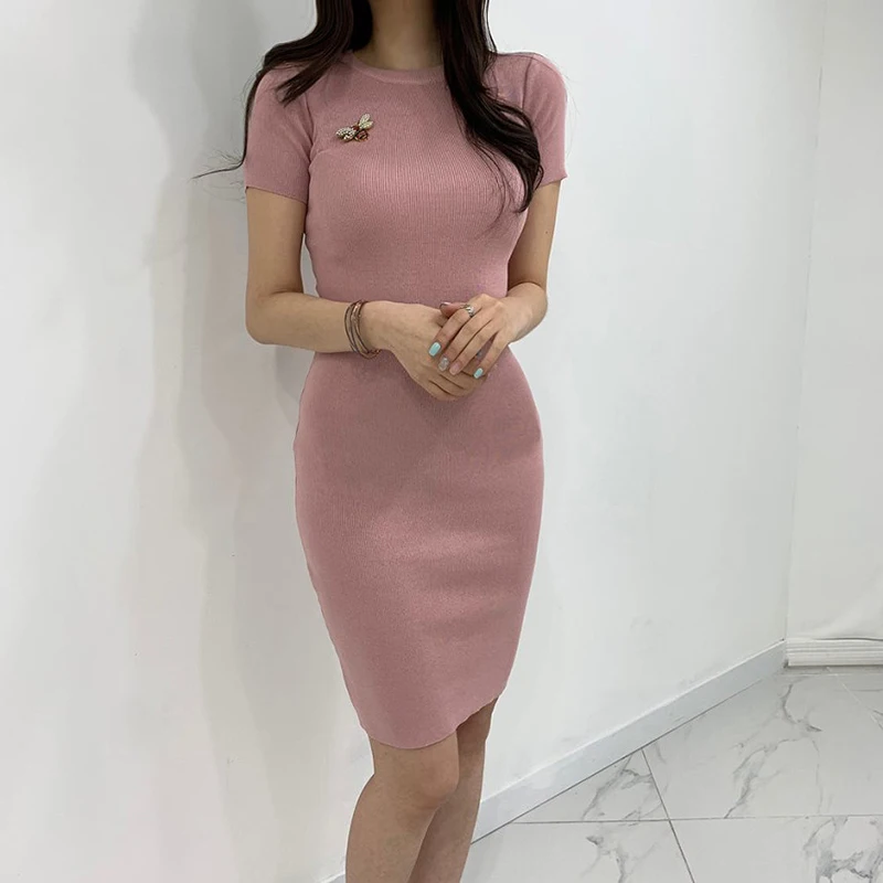 

Knit Dresses Women Summer New O Neck Stretch Slim Soft Casual Dress Short Sleeve Shesth Solid Basic Slim Thin Buttocks Dresses