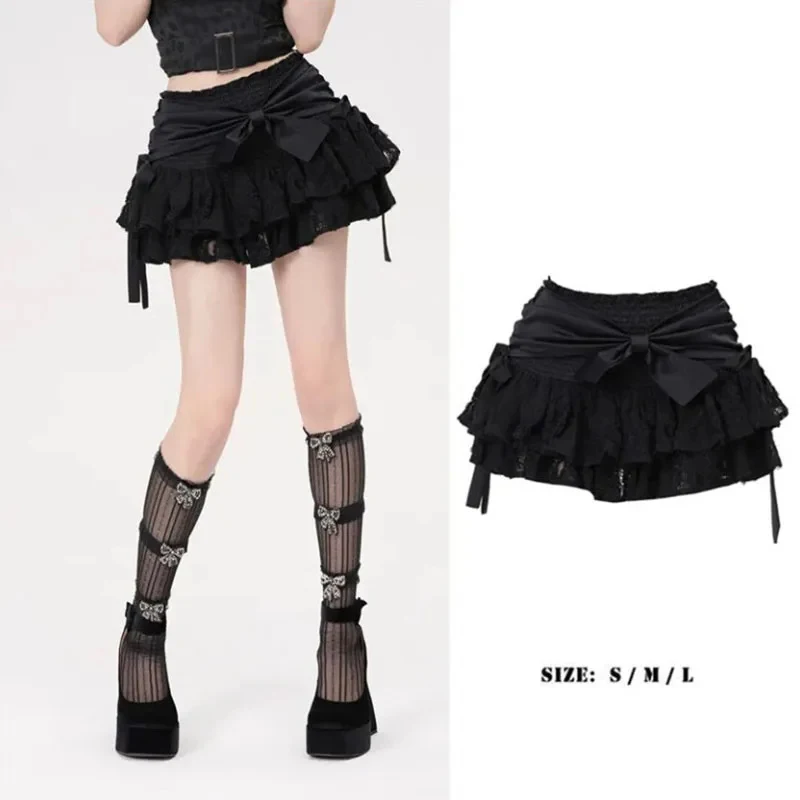 

Кружевные шорты с дырками и асимметричным подолом, черная Милая корейская мода, женская Пышная юбка с бантом и высокой талией