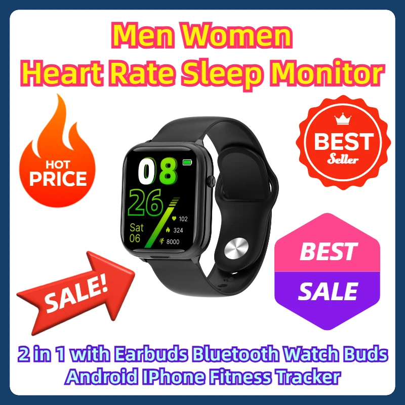 Мужчины Женщины Монитор сердечного ритма сна 2 в 1 с наушниками Bluetooth Watch Buds Android