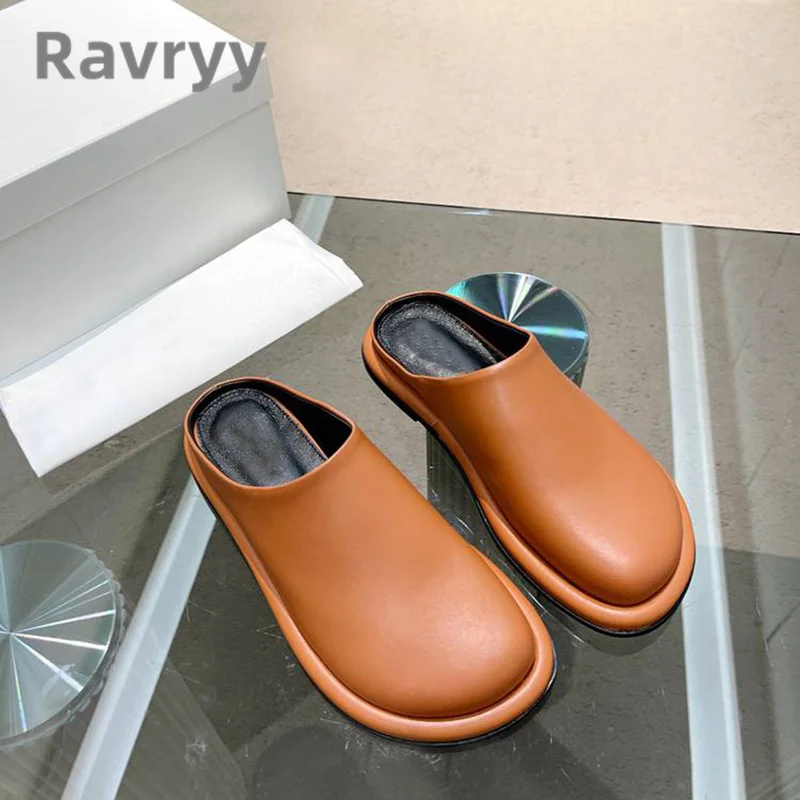 

Женские шлепанцы из натуральной кожи, с круглым носком и плоской подошвой