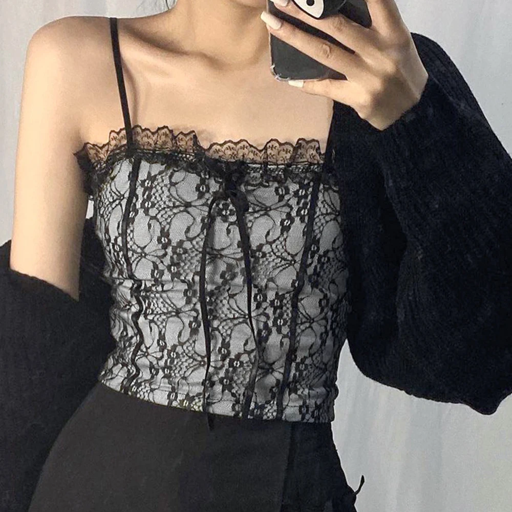 

Black Floral Lace Top Ruffles Sexy Tank Tops Double Layers Sling Bow Gothic Top Streetwear Camis Top 2021 Vintage
