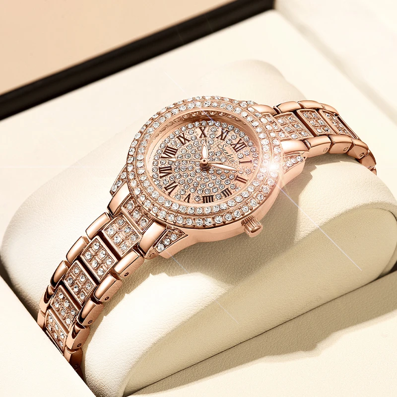 

Sunkta Luxury Women Watches Rose Gold Diamonds Dial Fashion Quartz Wristwatch Stainless Steel Strap Waterproof Watch for Women