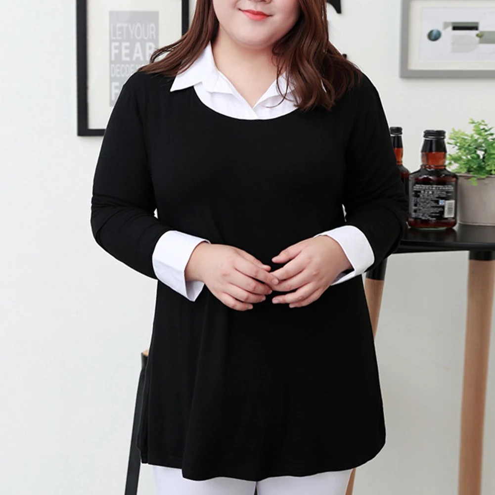

Womens Plus Size Casual Solid Long Sleeve Tops Fashion Blouse Lapel T-Shirts Fake Two Piece Top Solid Color