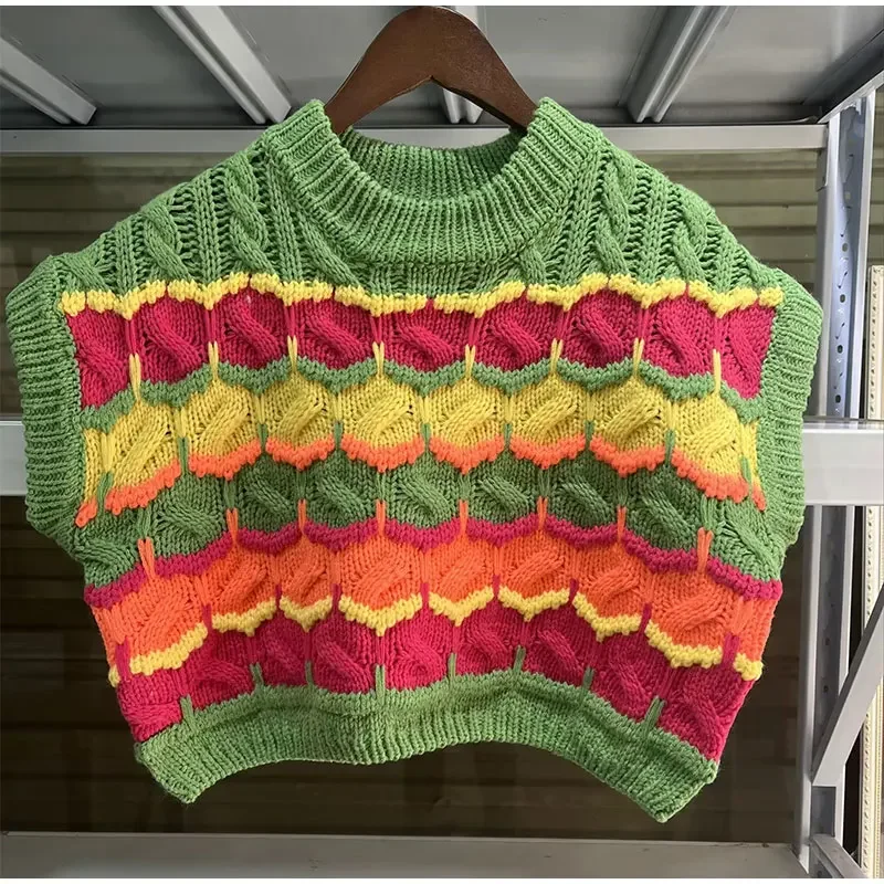 Модный укороченный вязаный свитер жилет женский элегантный пуловер с круглым