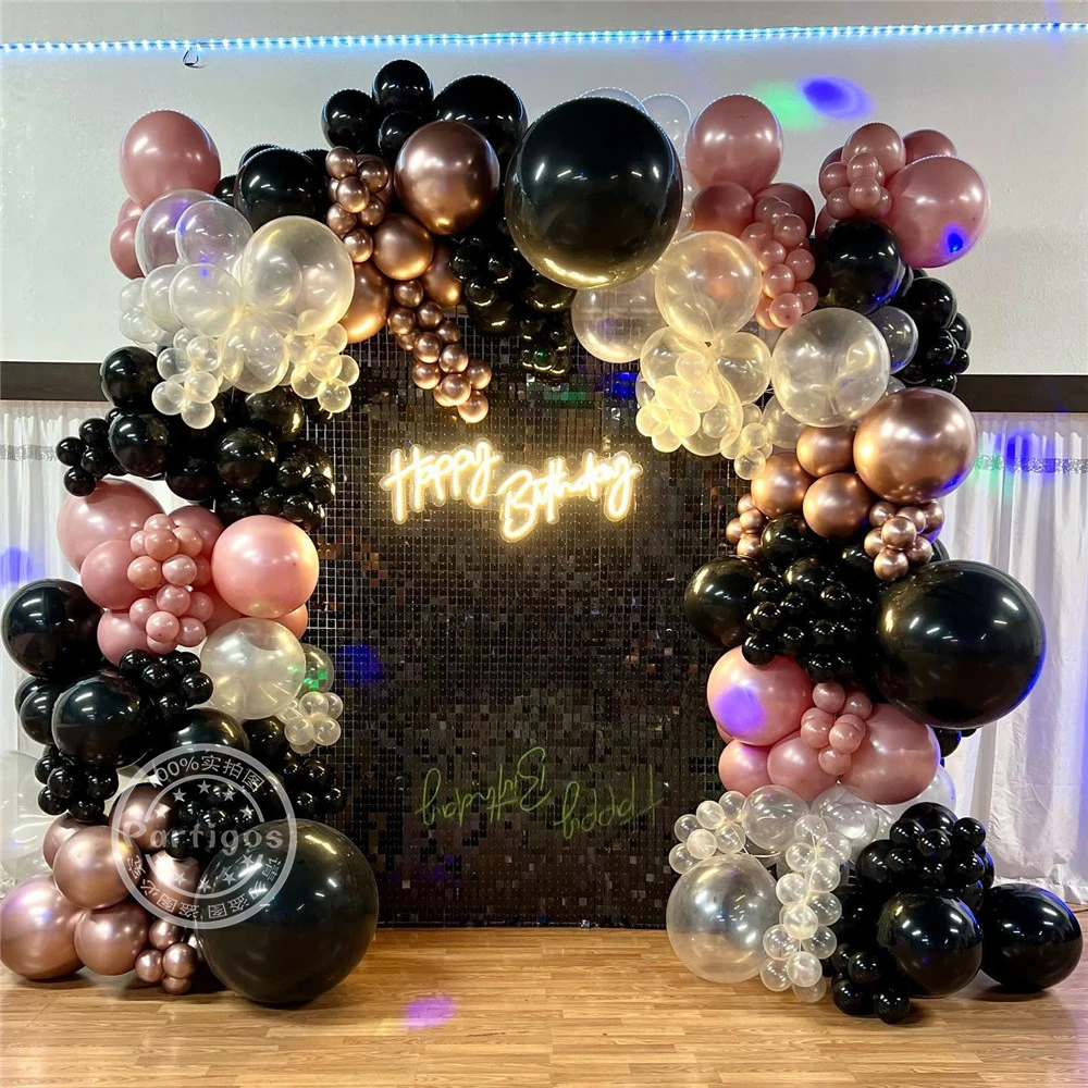 190pcs Black Rose Gold Balloon Garland Arch Kit Transparent Latex Balloon Adult Birthday Party Decorations Wedding Baby Shower