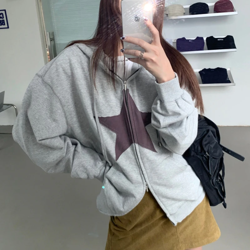 

Harajuku Hoodie Women Retro Star Patch Front Cute Hoodies Cropped Y2k Vintage Sweatshirts Euphoria Autumn Winter Streetwear