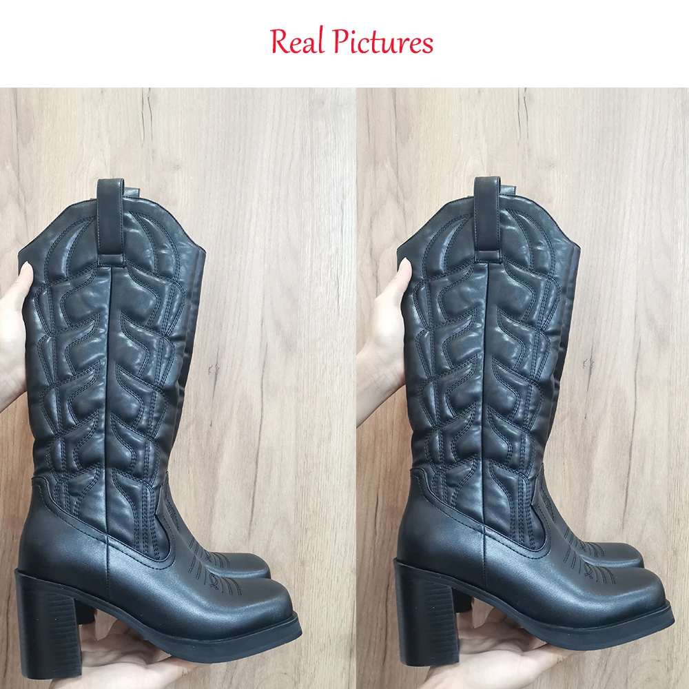 Platform Chunky Western Mid Calf Women's Boots High Heels Embroidered Square Toe Pull On Fashion Cowgirl Cowboy Boots Female