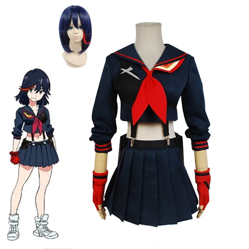 

Anime Matoi Ryuuko Uniform KILL La KILL Cosplay Costume Halloween Party Woman JK School Uniform Navy Collar Sailor Suit Wig