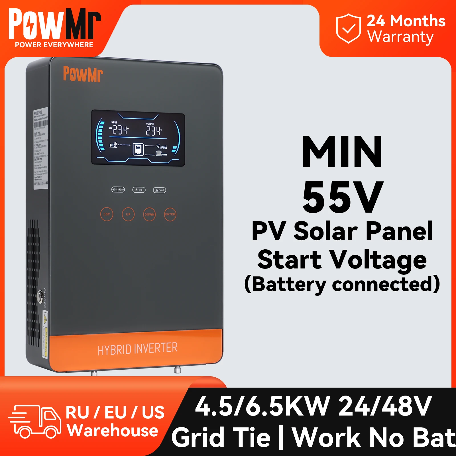 

PowMr MPPT Hybrid Solar Inverter 4.5KW 6.5KW Inverter 24V 48V DC to AC Battery Converter Pure Sine Max PV Charging 150A 130A