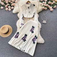 2022 spring summer women printed blouse sets casual turn down collar shirts pleated long skirts female ol skirts set outwear