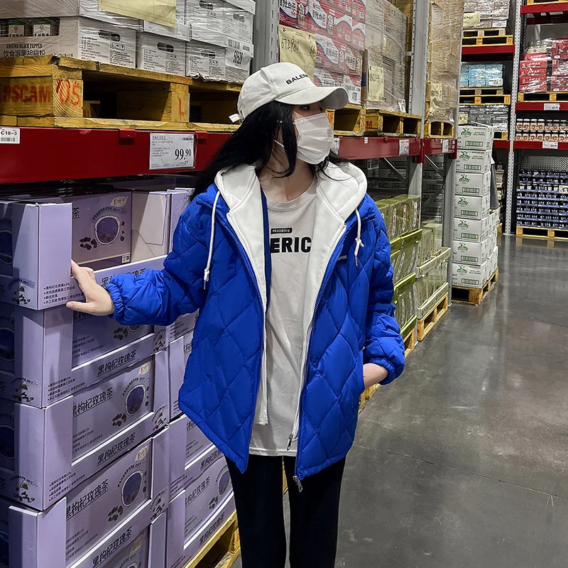 Rhombus Pattern Spliced Hooded Parkas Short Women Jacket Winter Coat Cotton Padded Female Baseball Puffer Jacket Clothes