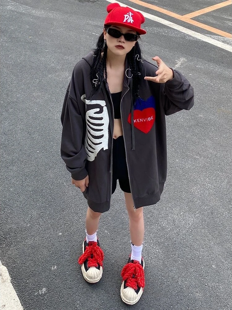 

Heart Print Hoodies Zipper Punk Gothic Casual Loose Sweatshirts Draw String Vintage Harajuku All Match Sudaderas Con Capucha