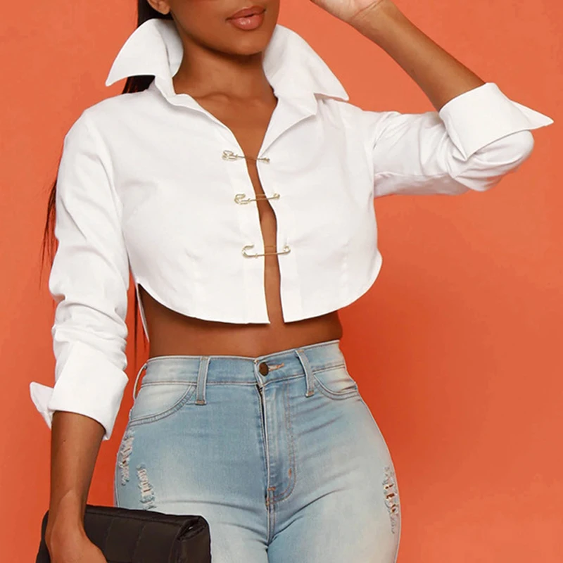 Blusa informal de manga larga con agujeros para verano, camisa elegante con alfileres personalizados, color blanco liso, Sexy, 26518