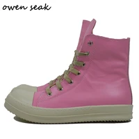Owen Seak Women Motorcycle Leather Men High-TOP Luxury Mid-Calf Winter Riding Boots Lace Up Casual Sneakers Zip Flats Pink Shoes
