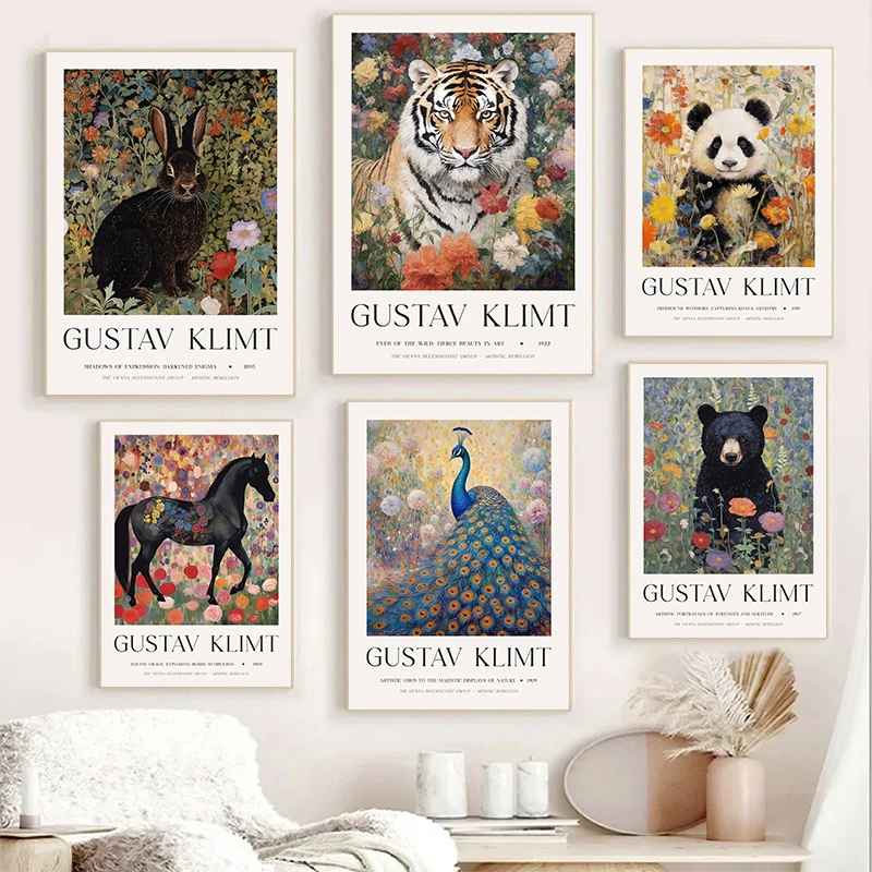 Постеры Gustav Klimt в стиле ретро с изображением животных цветов медведя лошади