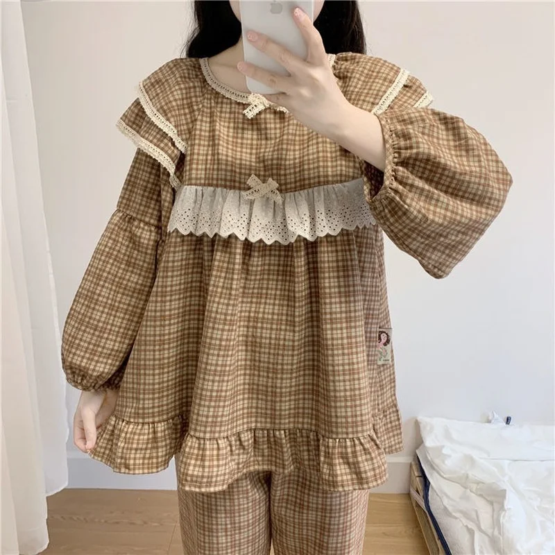 QWEEK Women's Home Suits Spring Autumn Female Set Pajamas Kawaii Lace Bow Ruffles Pijamas Sleepwear Roomware Nightie Pyjamas