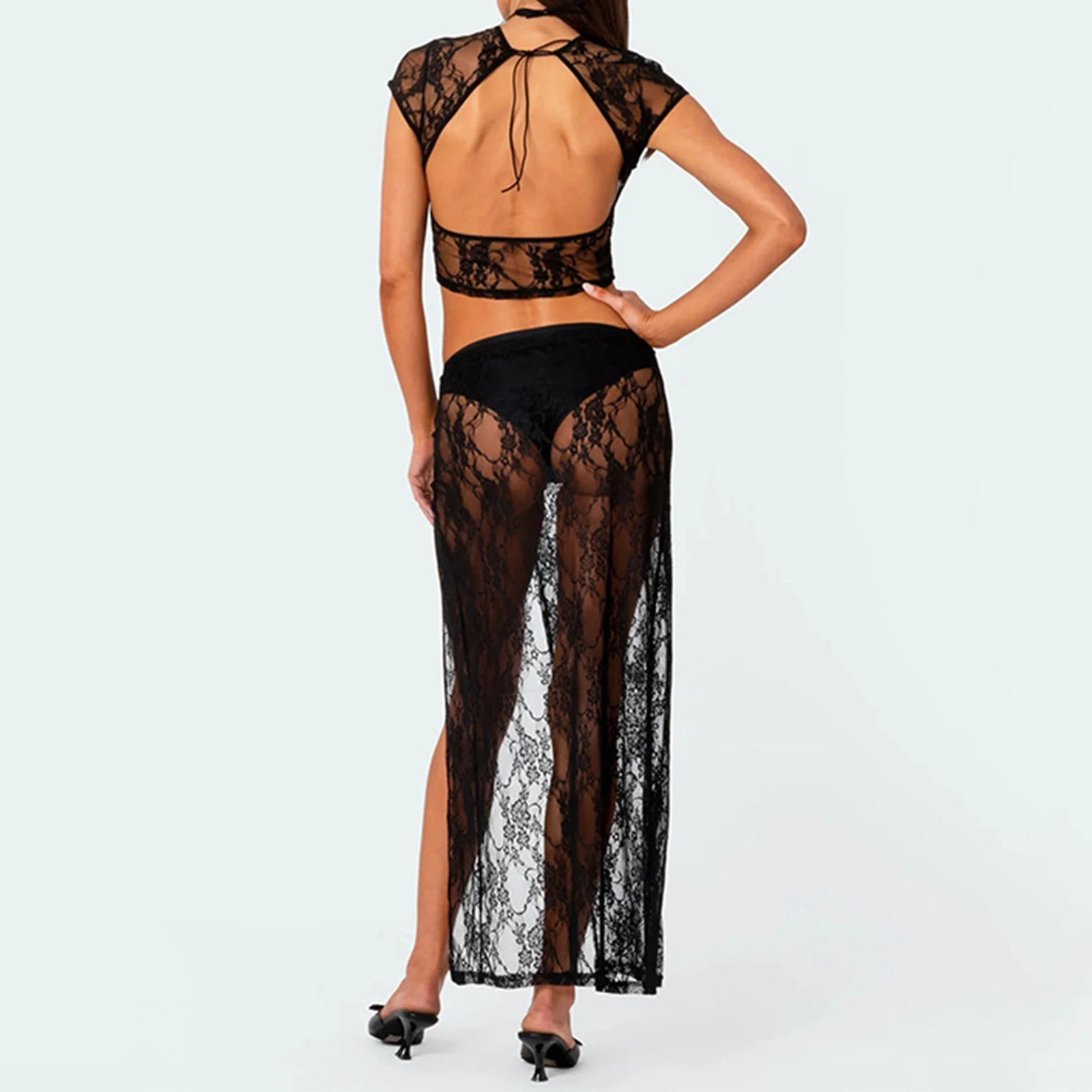 

Women 2 Piece Lace Skirt Set Navel Exposed Ladies Shirt Top Maxi Skirt Side Slit See Through Short Sleeve Vacation Suit