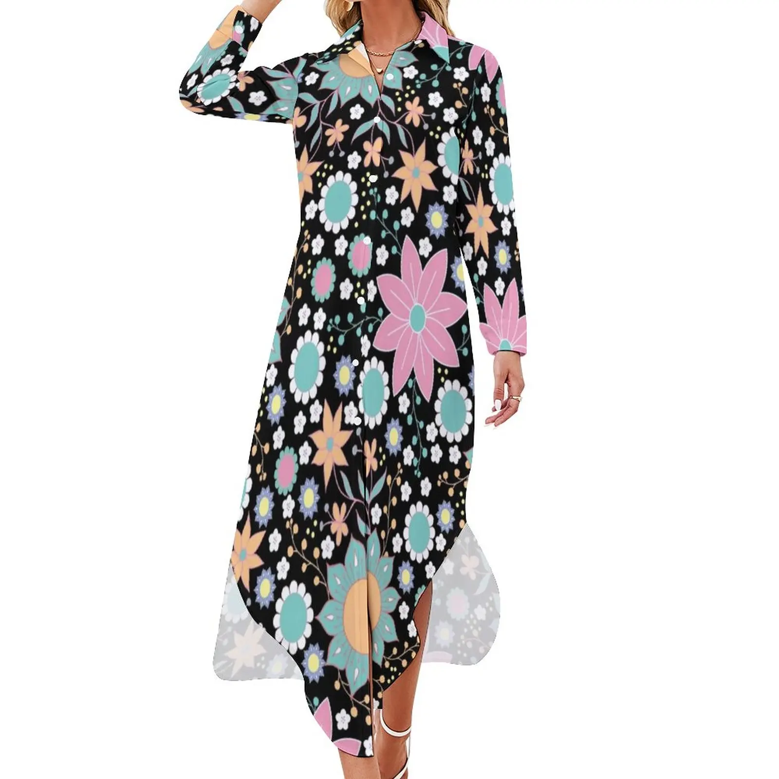 

Pretty Flower Power Casual Dress 60s 70s Floral Print Streetwear Dresses Sexy V Neck Cute Chiffon Dress Long Sleeve Big Size 6XL
