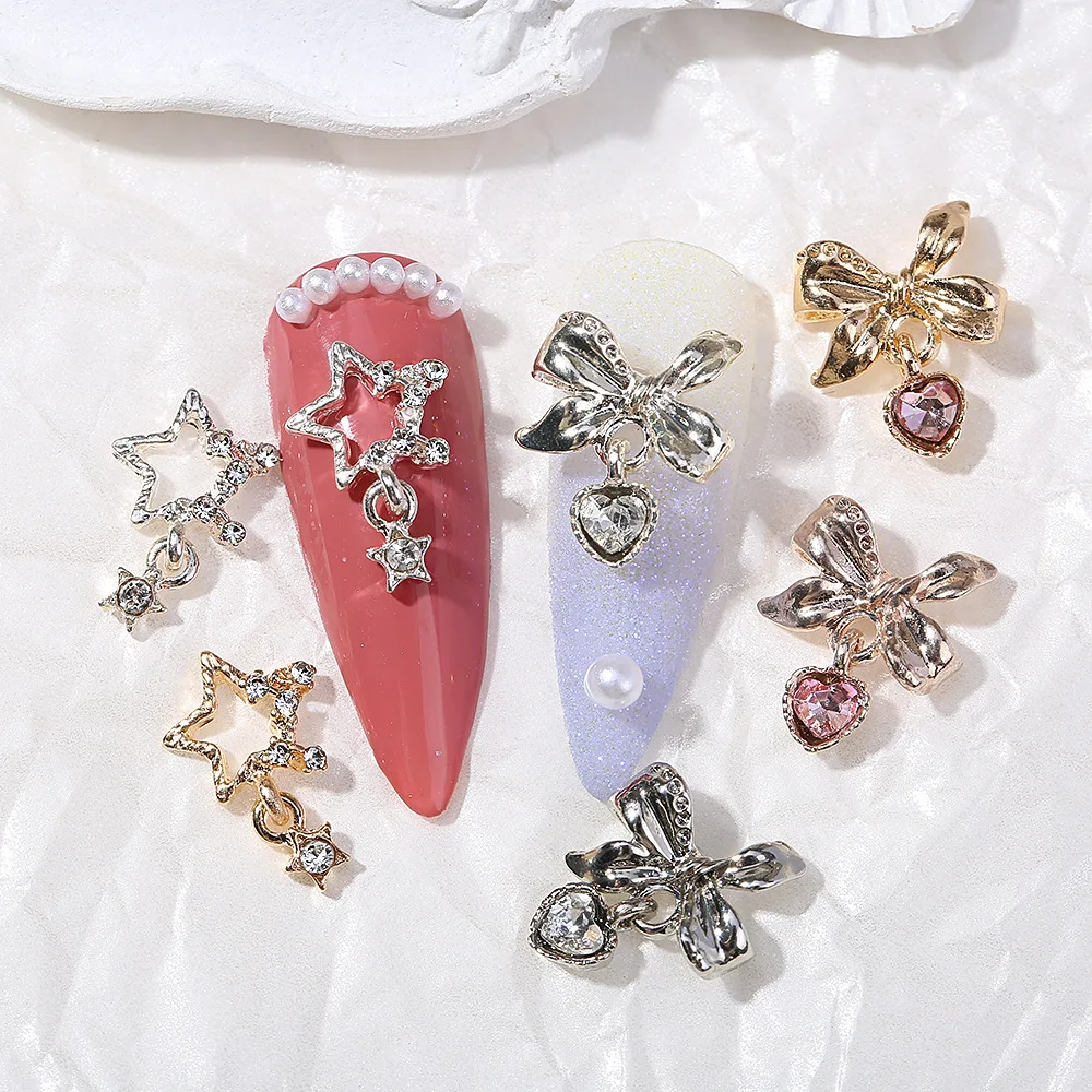 

10pcs Gold Silver Nail Art Charms Luxury Pentagram Bow/Sunglasses Rabbit/Red Spade Playing Card Nail Alloy Decoration Rhinestone