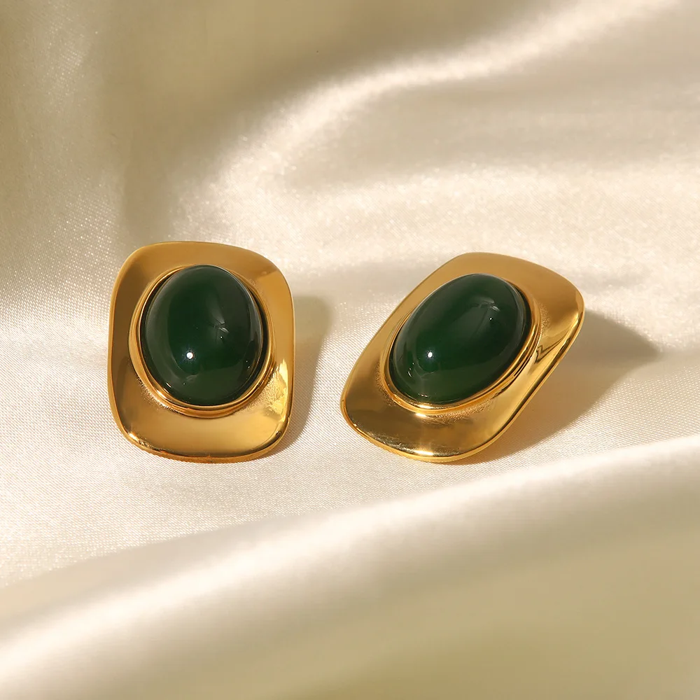 Stainless Steel PVD 18K Gold Plated Tarnish Waterproof Big Green Stone Stud Earrings For Woman Jewelry Wholesale Trendy