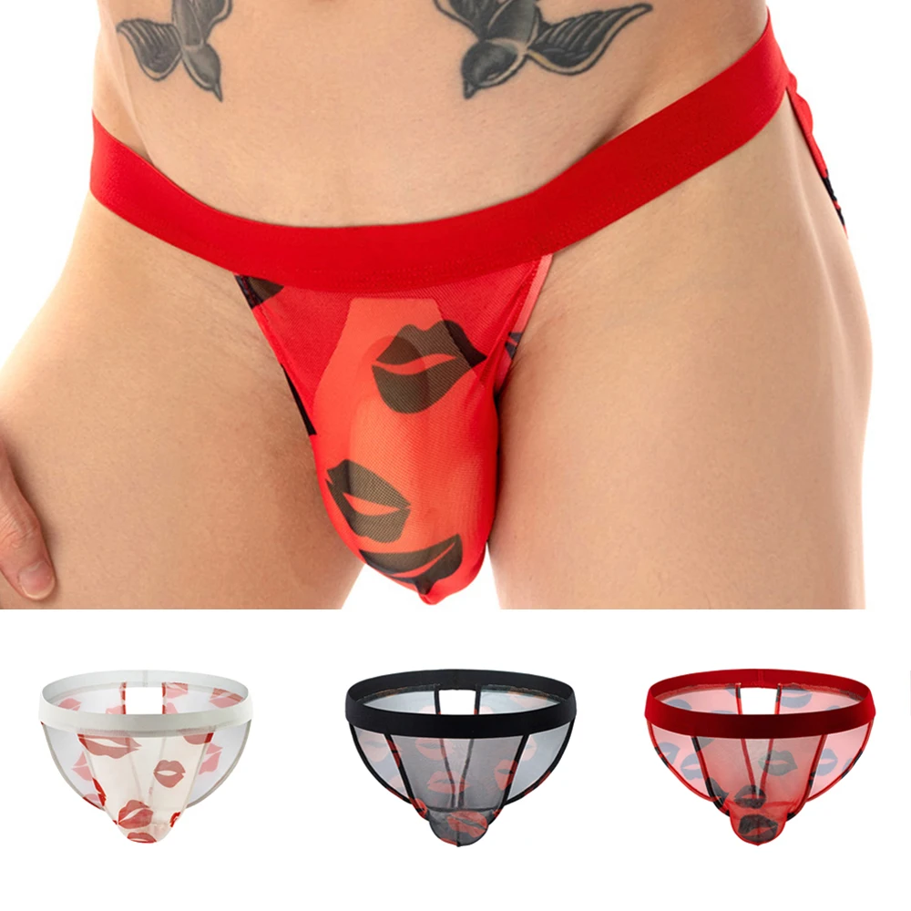 

Men Sexy Mesh Bikini Briefs See-through Panties Bulge Pouch Thongs Underwear Buttocks Hollow Crotchless Ropa Interior Hombre