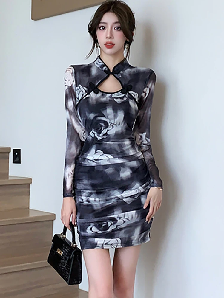 

Женское Плиссированное короткое платье, черное Сетчатое облегающее платье с цветочным принтом, элегантное ажурное привлекательное корейское винтажное платье, Осень-зима 2023