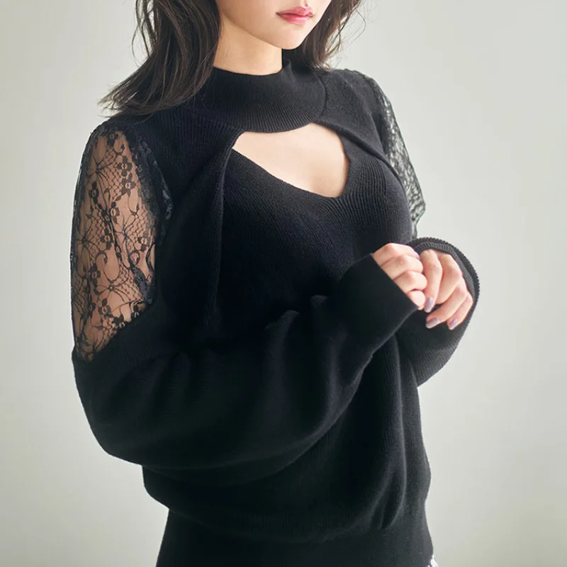 Женский кружевной свитер в стиле пэчворк элегантный однотонный трикотажный