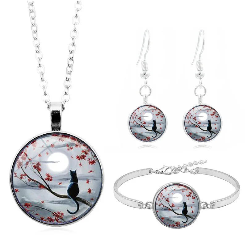 

LE Moon And Cat Art Photo Jewelry Set Cabochon Glass Pendant Necklace Earring Bracelet 4 Pcs Women's Party Gift