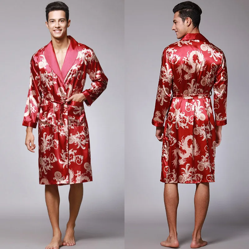 2022 New Men's Robe Nightgown Satin Kimono Bathrobe Gown Casual Sleepwear Plus Size Print Gold Home Dressing Gown