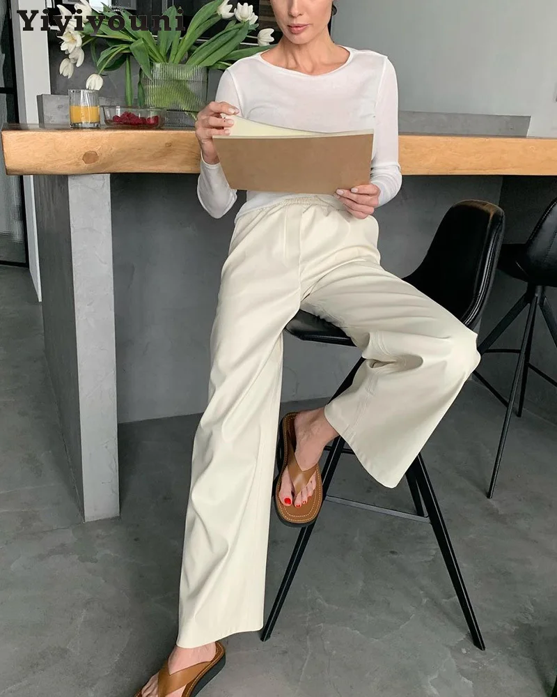 

Брюки Yiyiyouni женские с эластичной завышенной талией, повседневные из кожи с широкими штанинами, свободные штаны из искусственной кожи, белые,...