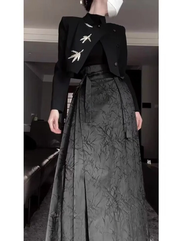 Женская юбка с принтом черной лошади длинная Плиссированная на шнуровке Hanfu 2024