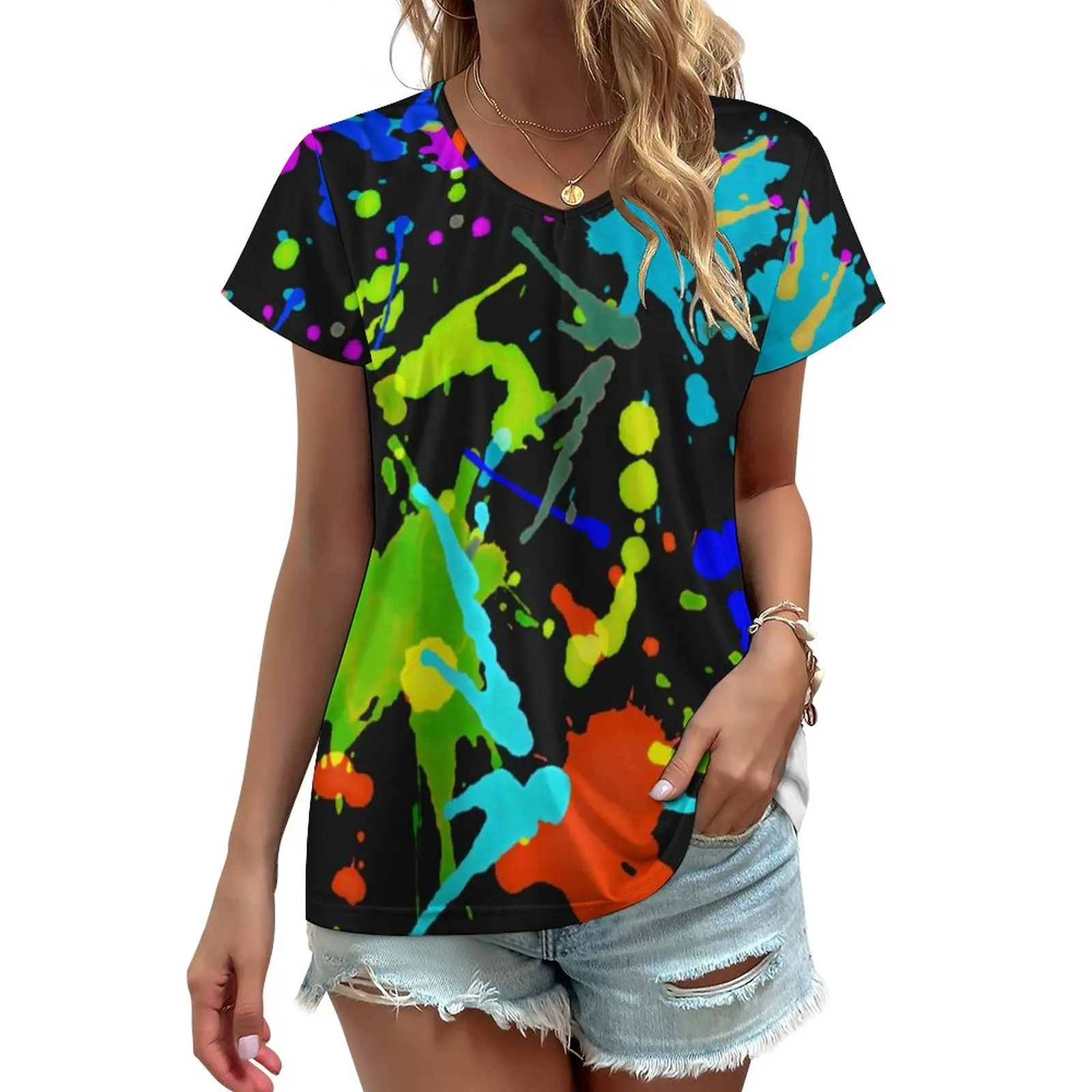 

Abstract Rainbow T-Shirt Paint Fight Print Modern T Shirts V Neck Short Sleeve Pattern Tshirt Women Simple Top Tees 3XL 4XL 5XL