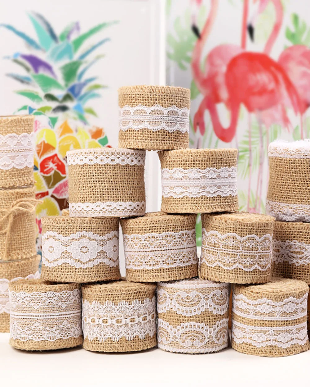 5cm/2M Handmade DIY Macrame Linen Webbing Jute Rolls Hessian Ribbon with Lace For Christmas Wedding Decoration Bow Craft