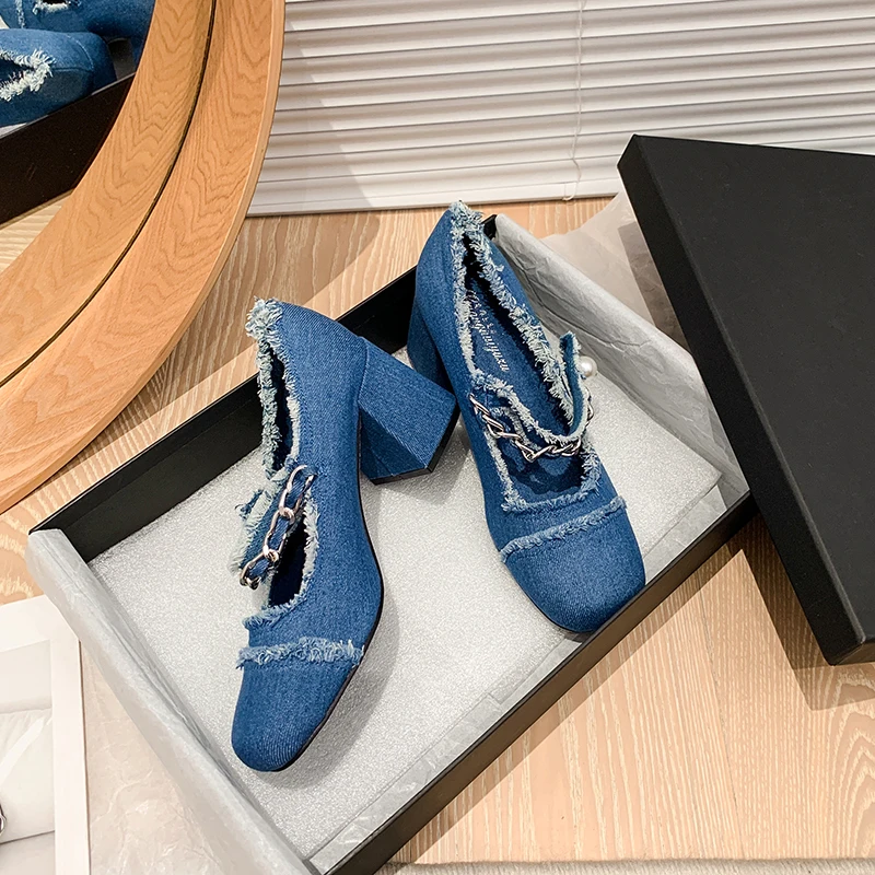 

High heels, shallow toe, single shoes, denim, chunky heels, luxury, high-end Mary Jane shoes, new pearl shoes for 2022