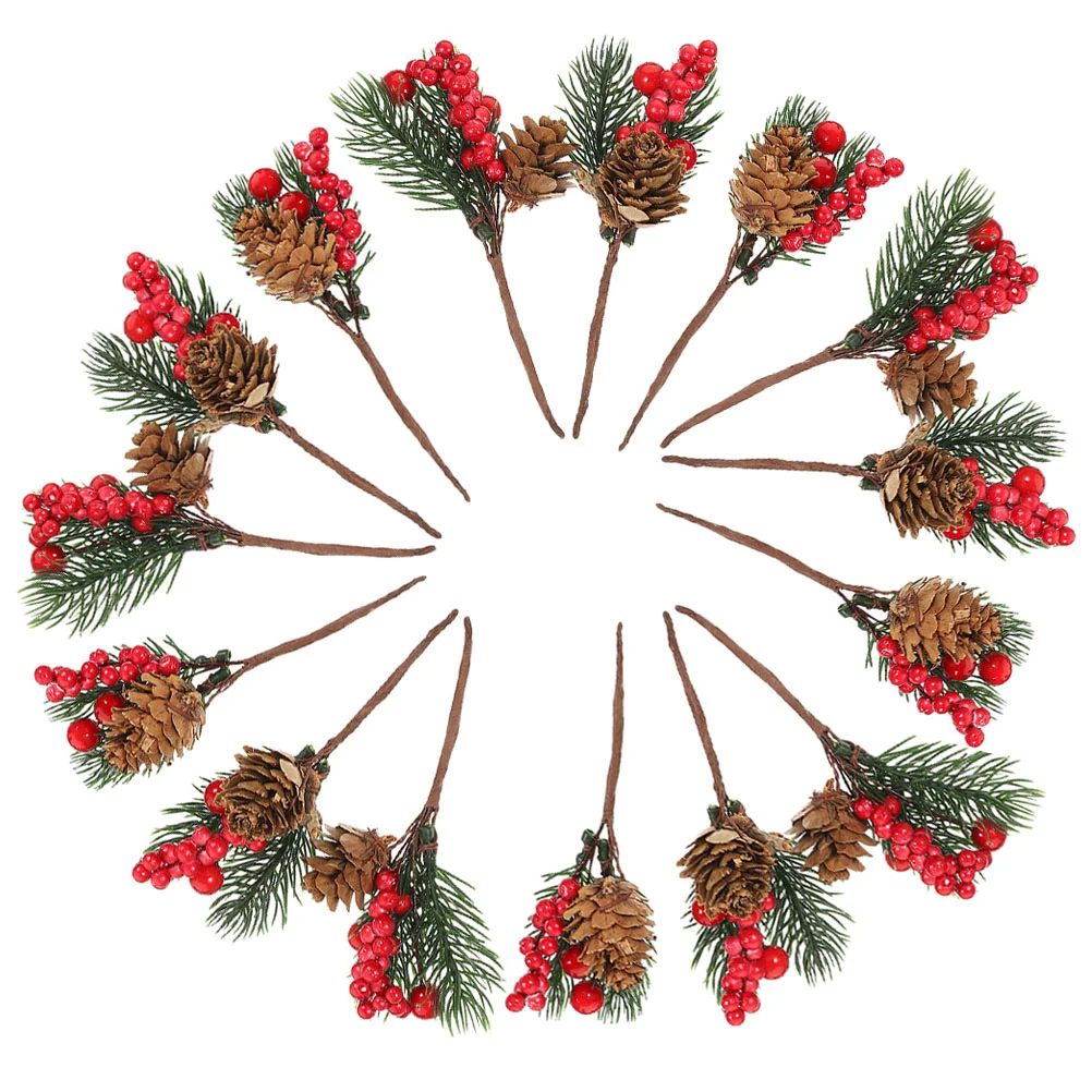 

15 Pcs Artificial Pine Cone Christmas Tree Picks For Crafts Flower Decor Floral Needles Berries Twig Stem Plastic Fake