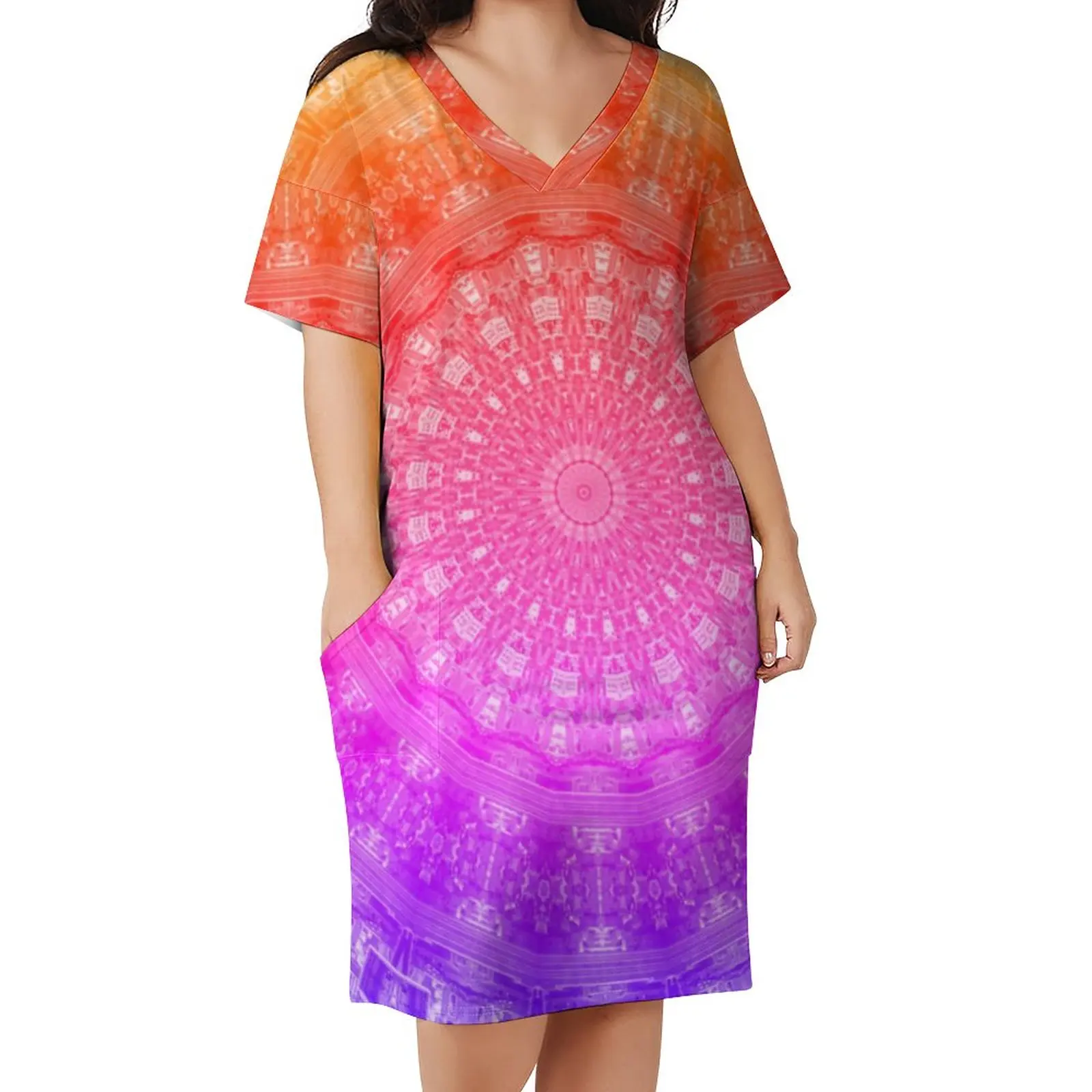 

Rainbow Mandala Casual Dress Summer Ombre Flower Print Trendy Dresses Woman Short Sleeve Graphic Korean Fashion Dress Plus Size