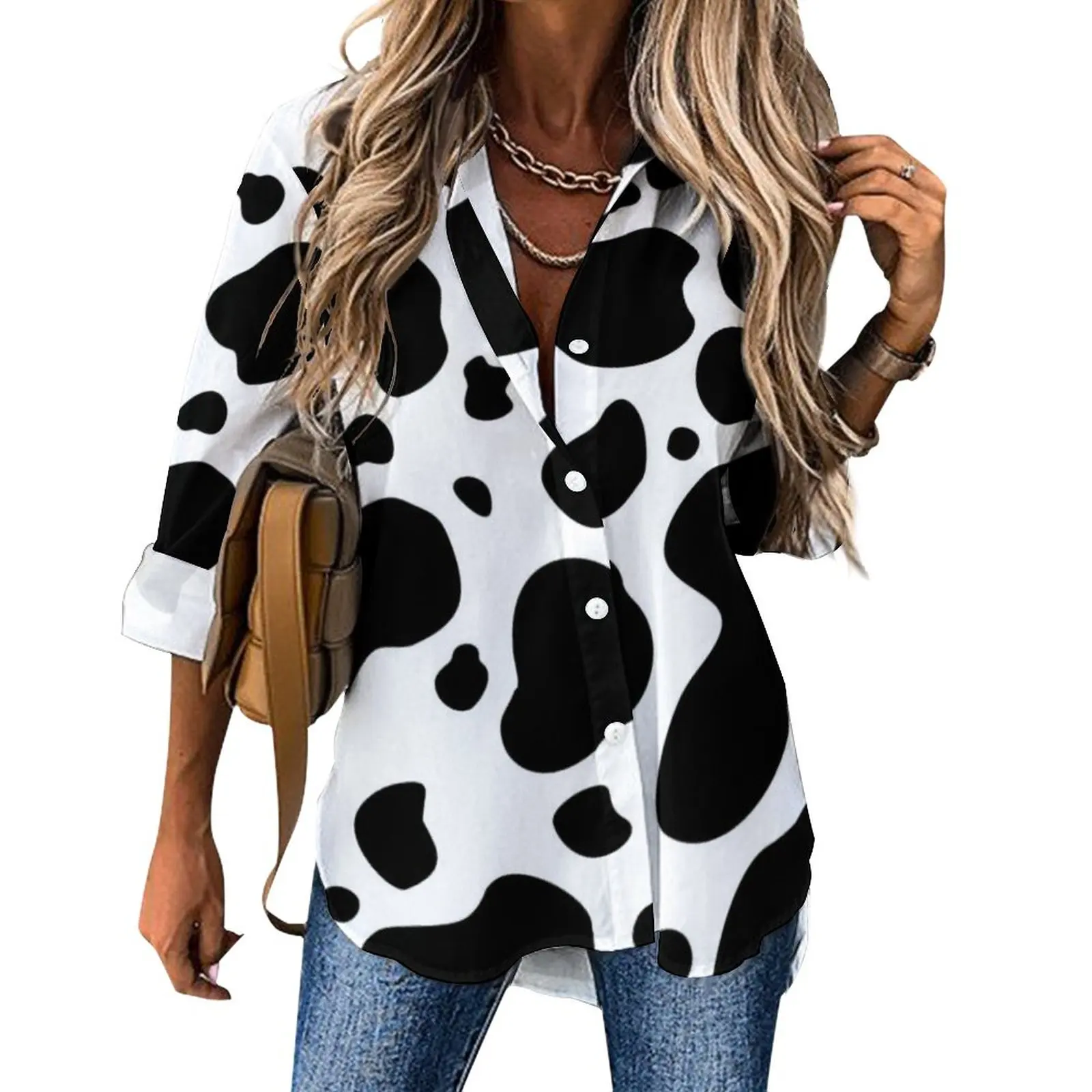 

Black And White Cow Print Casual Blouse Cow Spots Modern Pattern Blouses Women Long-Sleeve Loose Shirt Autumn Oversize Tops