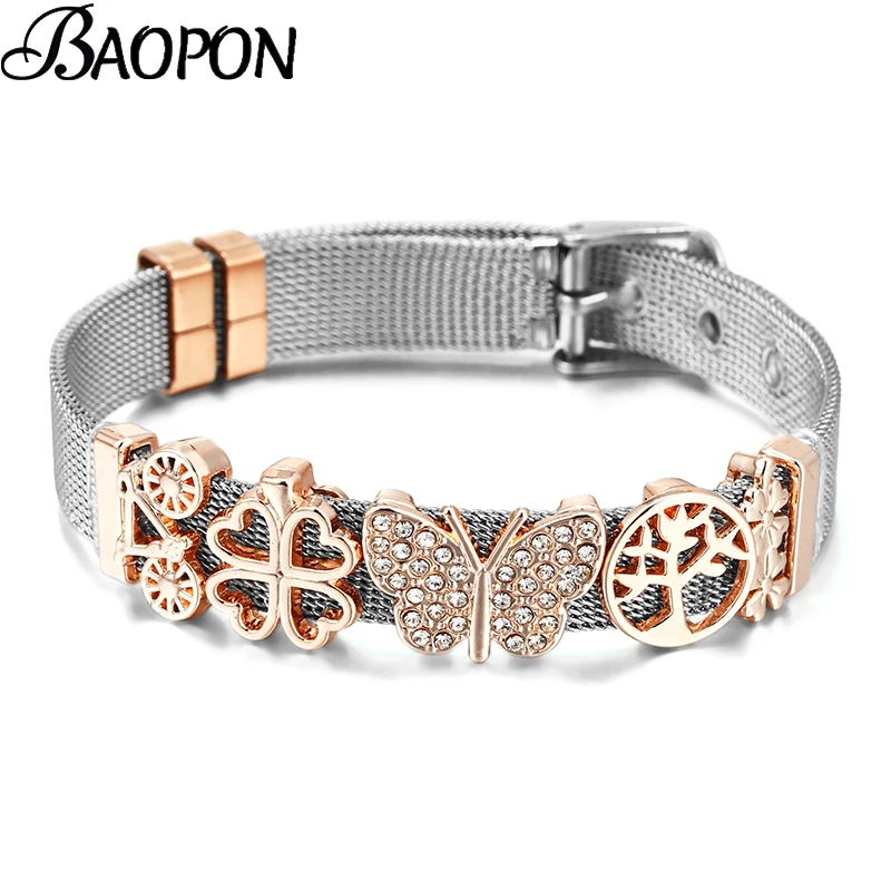 

Classic Stainless Steel Watch Belt Mesh Bracelet Micro Pave CZ Crystal Key Lock Heart Charm Bracelets Best Party Wedding Jewelry
