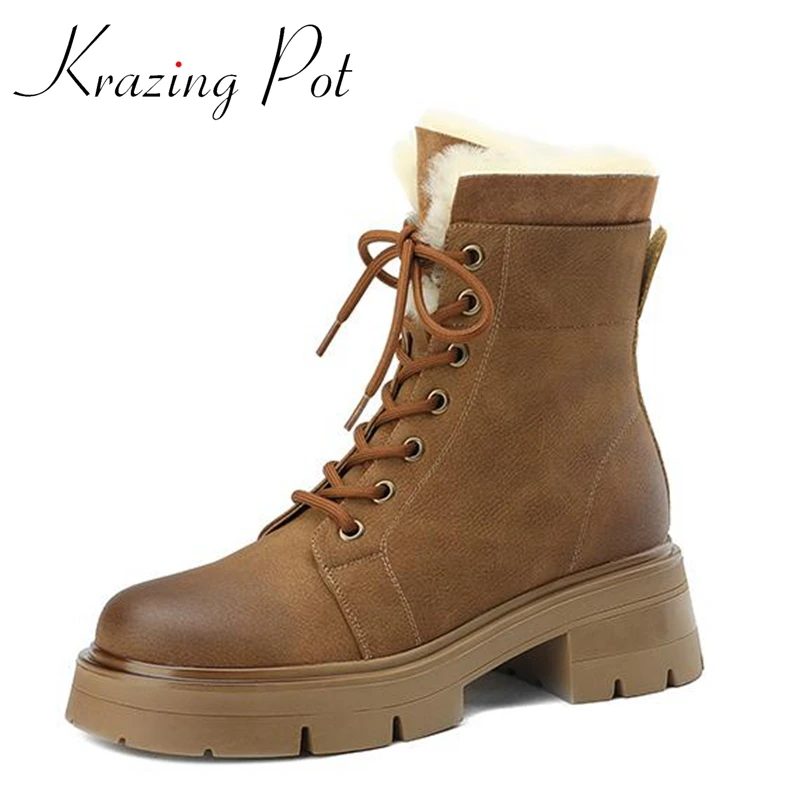 

Krazing Pot Cow Split Leather Round Toe Thick High Heels Snow Boots Safari Style Platform Rivets Classic Cross-tied Ankle Boots