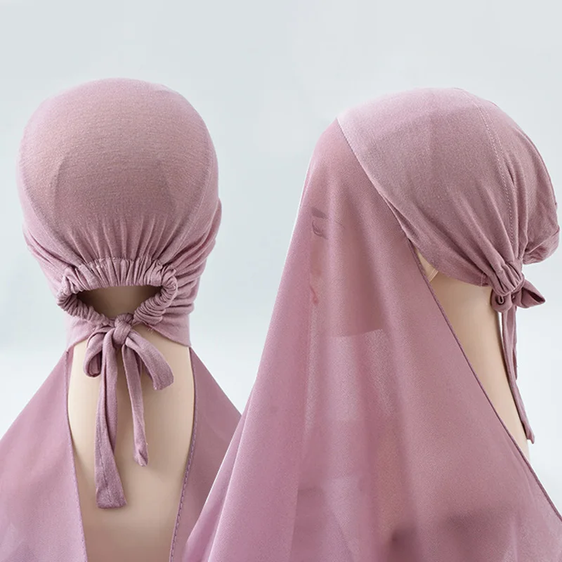 Women Underscarf Headscarf Turban Bonnet Cap Attached Chiffon Instant Hijab Adjustable Neck Cover Muslim Headwrap Long Shawl New