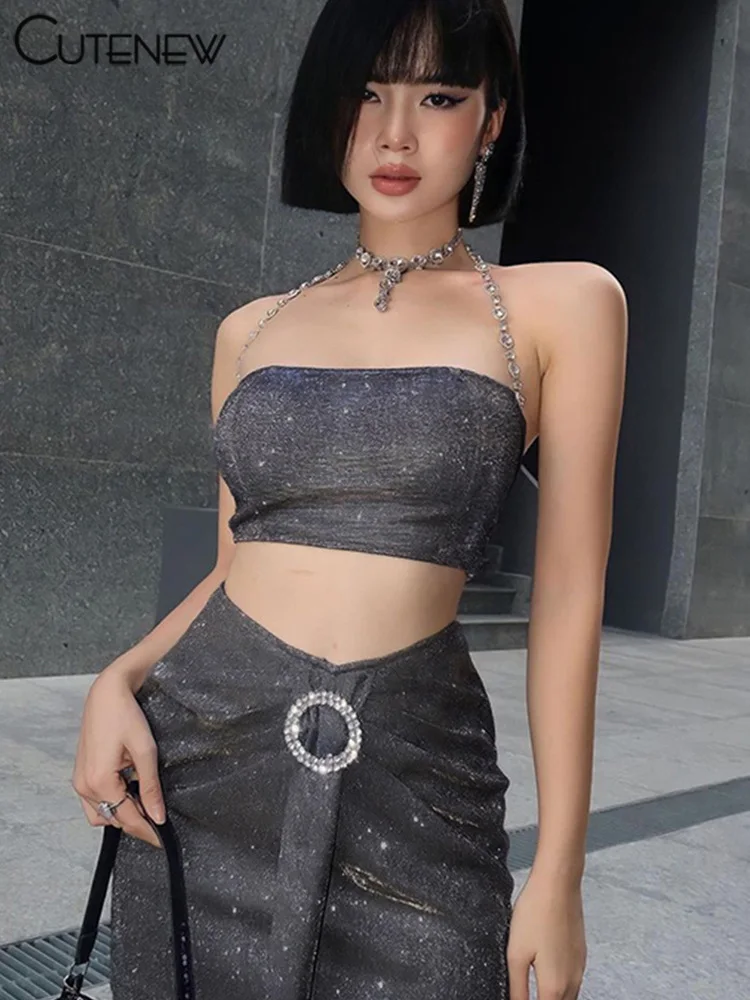 

Cutenew Women's Shiny Two Piece Set Sleeveless Halter Cropped Tops+High Waist PLeated Hip Skirts Midnight Clubwear Outfit New